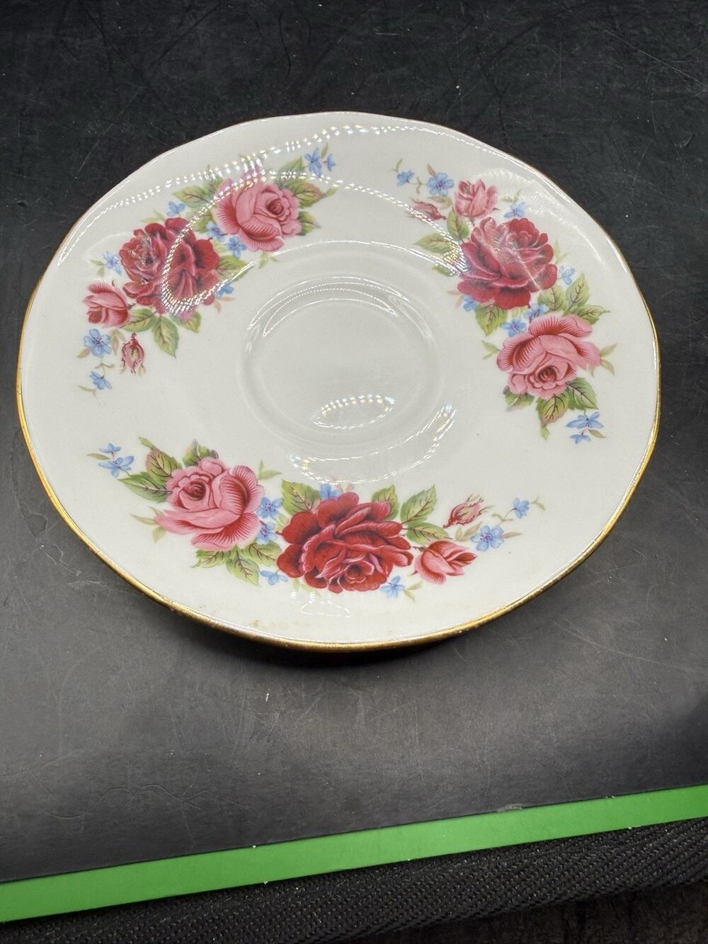 Queen Anne Fine Bone China England Pink & Red Roses Saucer